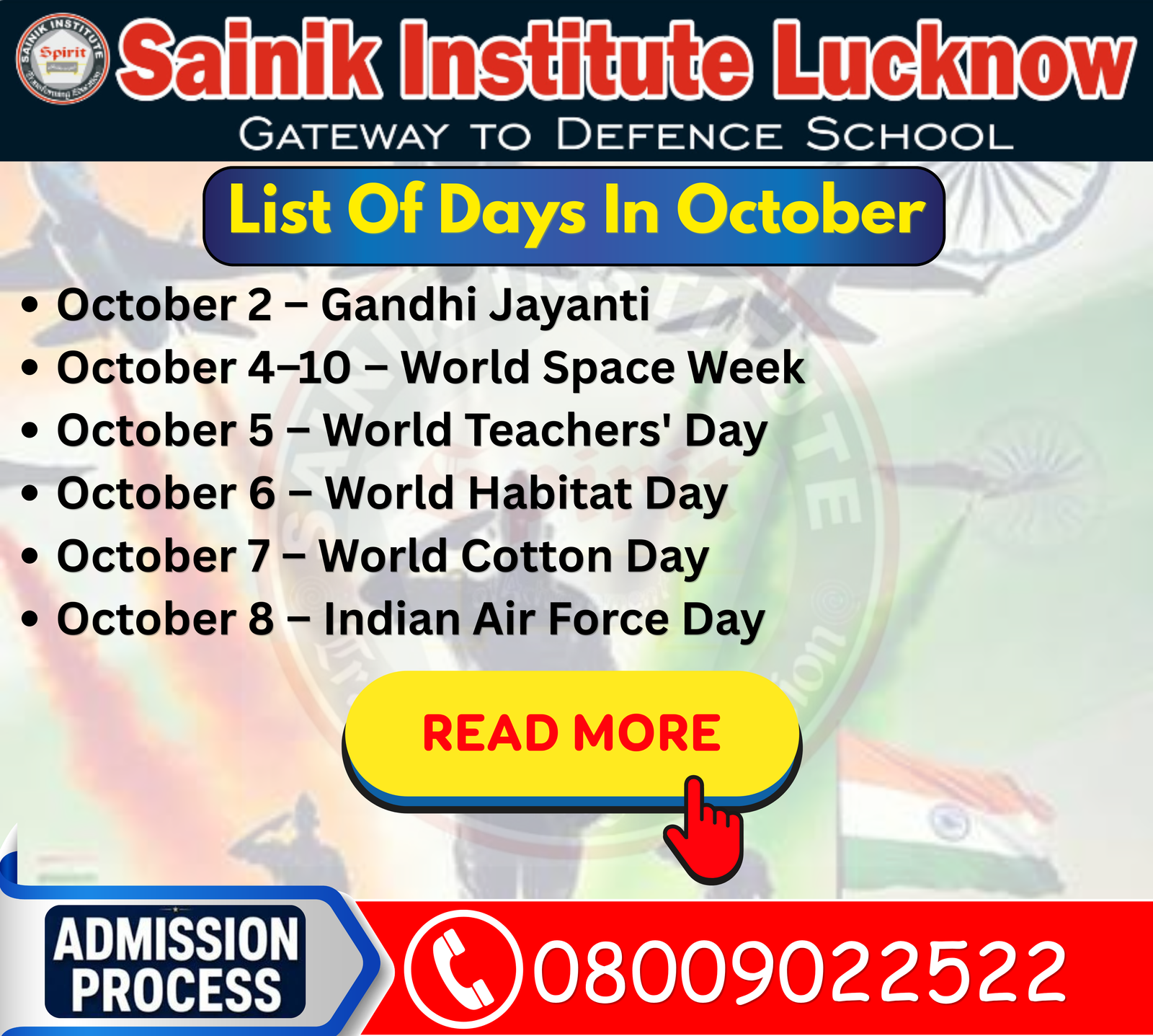 October Important Days 2026 & GK Questions for Sainik School, Military School, RMS & RIMC Aspirants